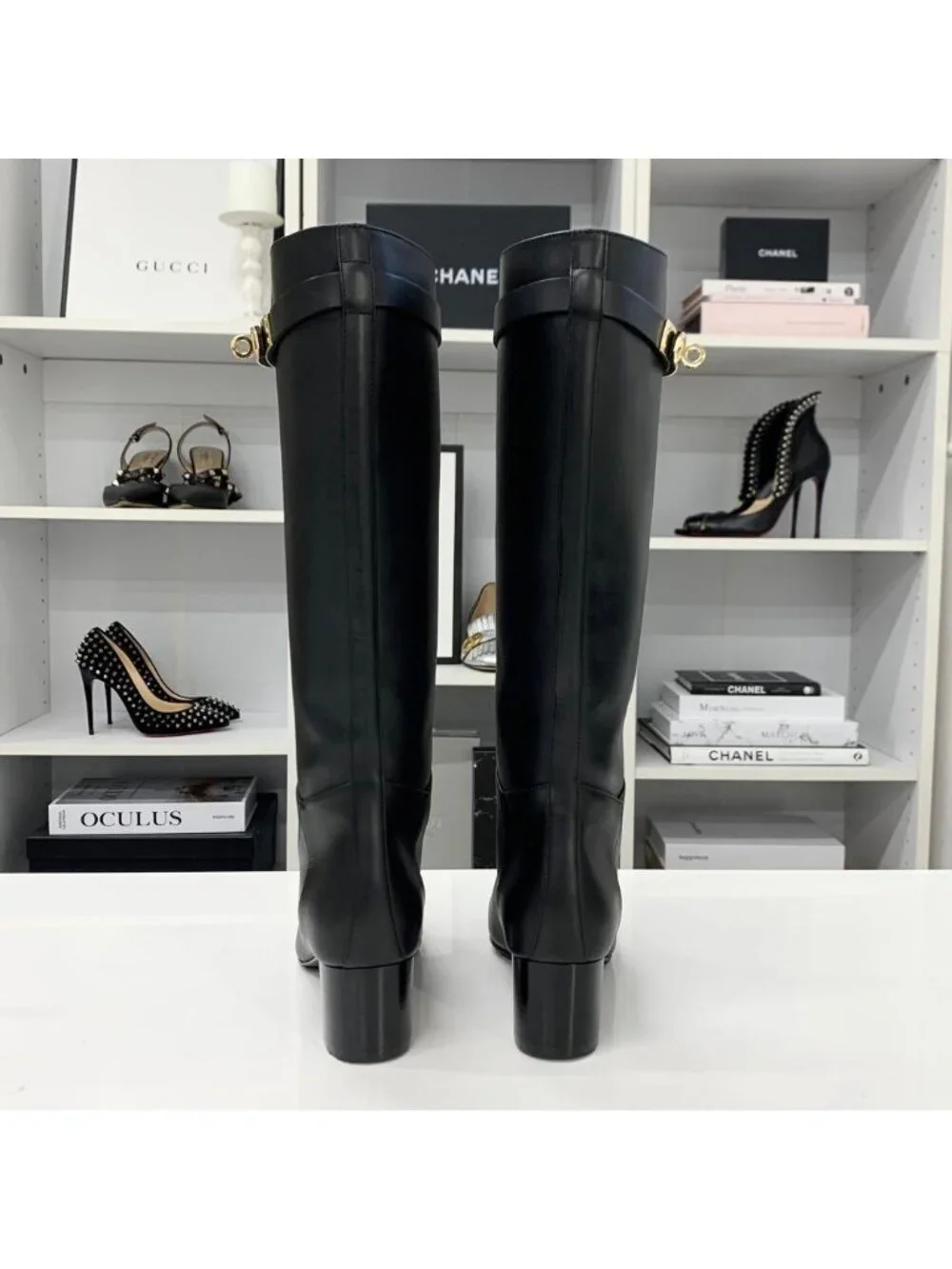 Hermes Story 50 Kelly Leather Long Boots Black